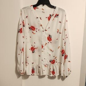 Floral V-Neck Blouse - White and Red